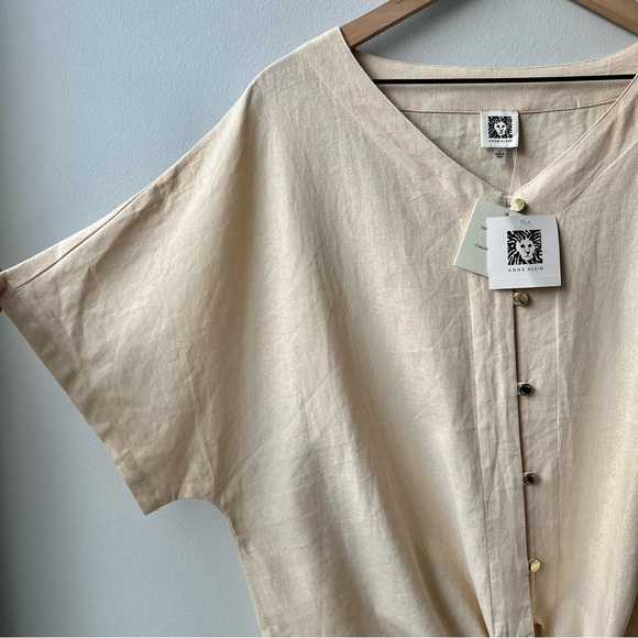 Anne Klein Top Blouse Shirt Career Linen Blended Solid Navy Blue Size L Large - Picture 3 of 12